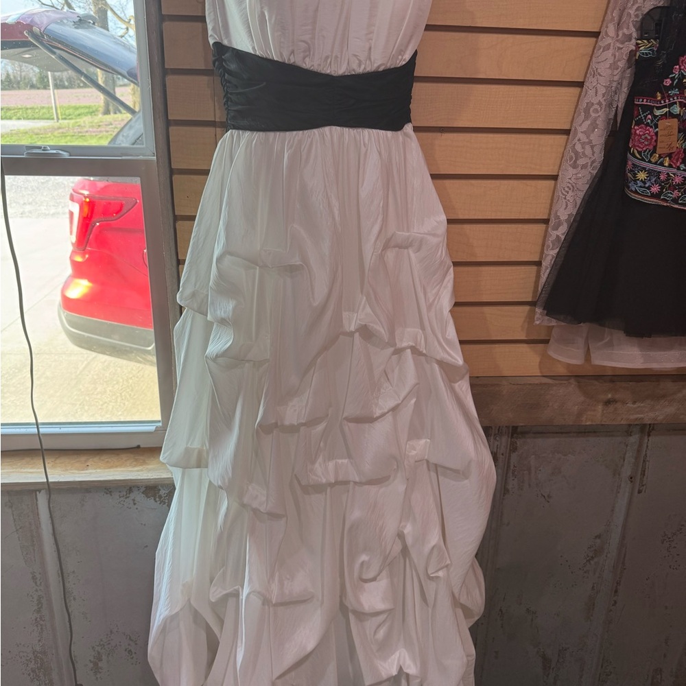 Elegant White Strapless Prom Dress‎ with Black Sash